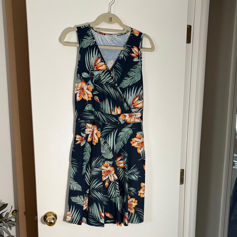 Floral Sleeveless Dress - Navy and Orange